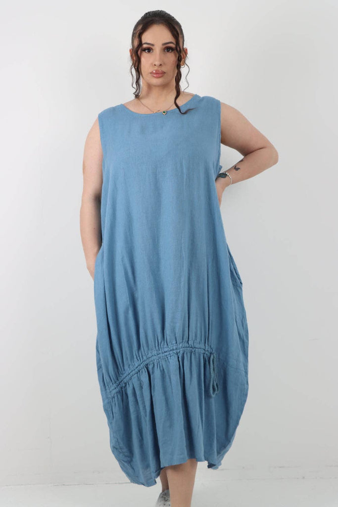 ITALIAN OVERSIZED BLEND PULL TIE COCOON SLEEVELESS DRESS: NAVY