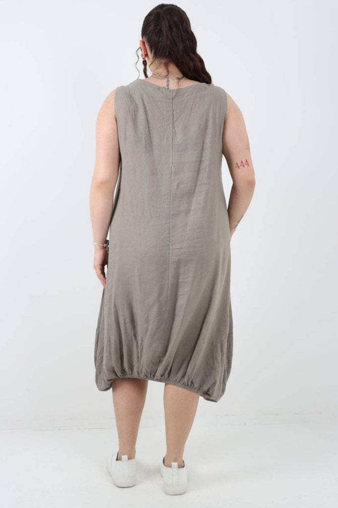 ITALIAN PLAIN BUTTON FRONT POCKETS LINEN VEST MIDI DRESS: DARK GREY