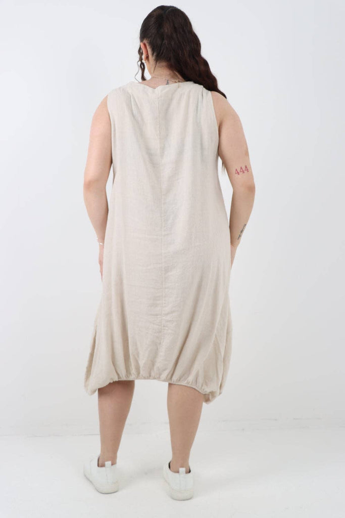 ITALIAN PLAIN BUTTON FRONT POCKETS LINEN VEST MIDI DRESS: DARK GREY