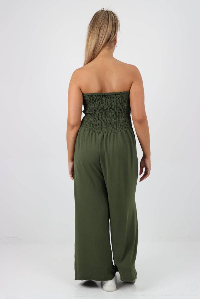 ITALIAN SHIRRED ELASTICATED WIDE LEG JUMPSUIT: BEIGE