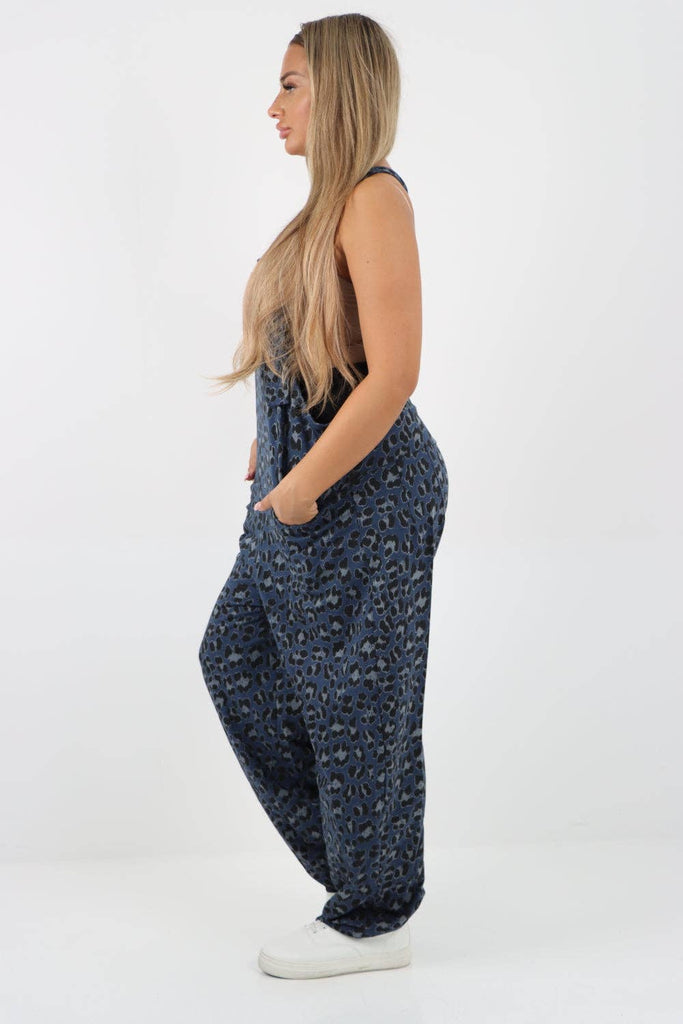 ITALIAN LEOPARD PRINT COTTON SLEEVELESS DUNGAREES: DENIM