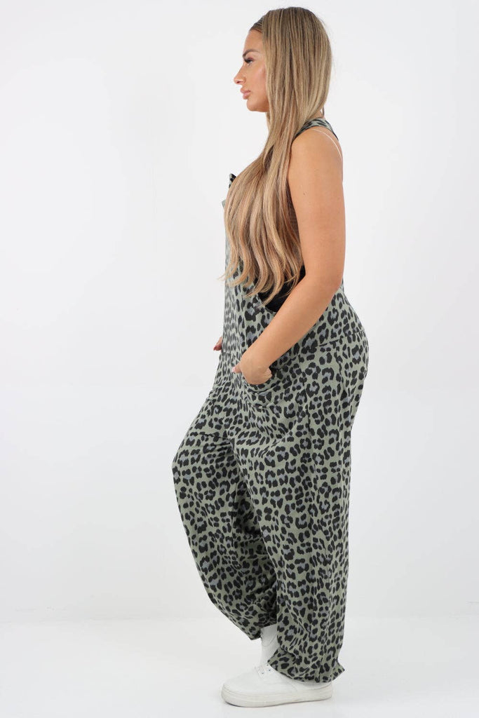 ITALIAN LEOPARD PRINT COTTON SLEEVELESS DUNGAREES: DENIM