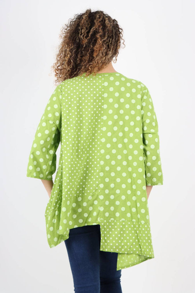 ITALIAN POLKA DOT PRINT ASYMMETRIC COTTON TUNIC TOP: GREY