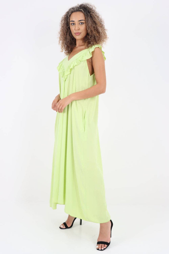 ITALIAN FRILL V NECK SIDE POCKETS MAXI DRESS: PINK / ONE SIZE TO FIT UK 8-18