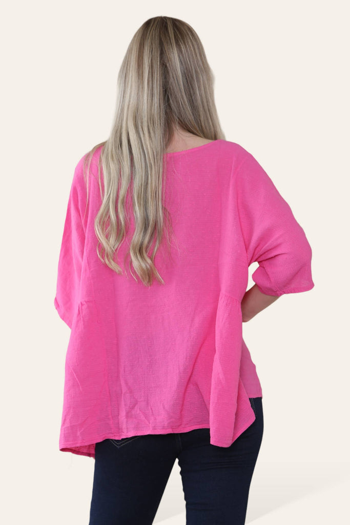 PURE COTTON PLAIN BASIC TOP WITH RUCHED SIDES: PINK