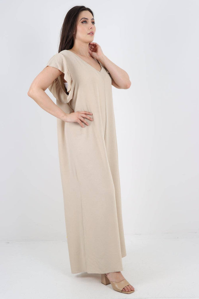 ITALIAN RUFFLED SLEEVE BACK TIE OPEN WIDE LEG JUMPSUIT: BEIGE