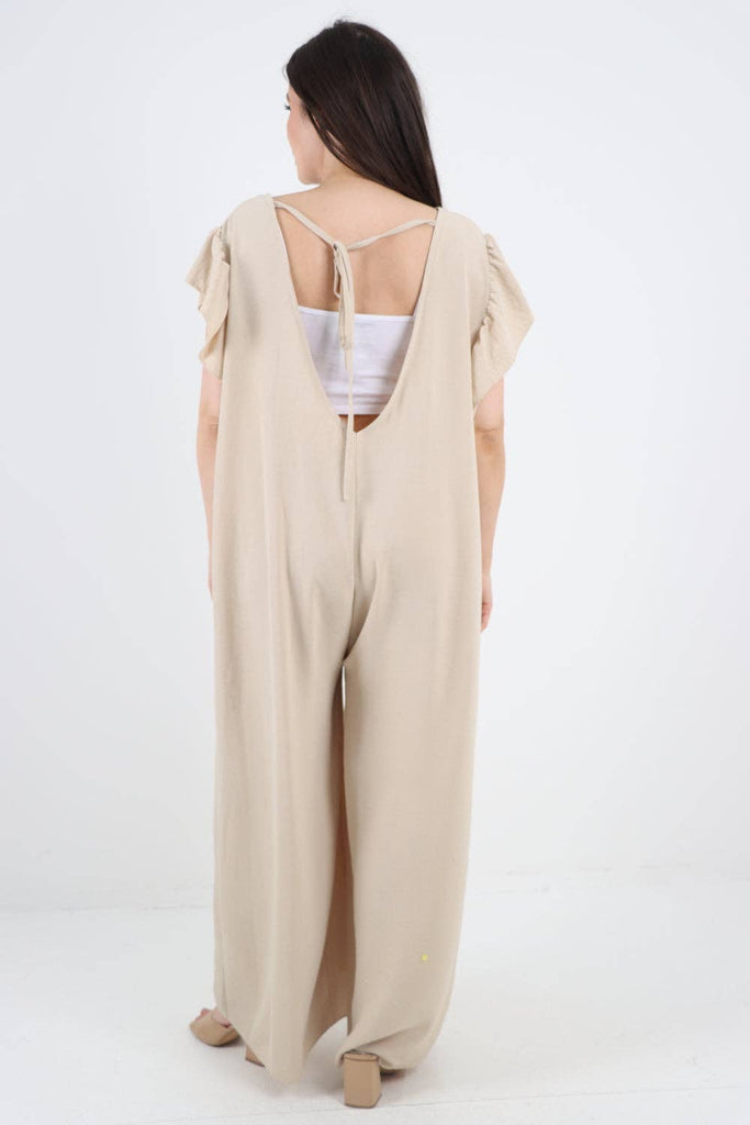 ITALIAN RUFFLED SLEEVE BACK TIE OPEN WIDE LEG JUMPSUIT: BEIGE