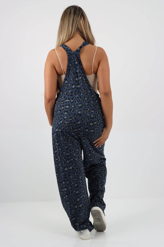 ITALIAN LEOPARD PRINT COTTON SLEEVELESS DUNGAREES: DENIM