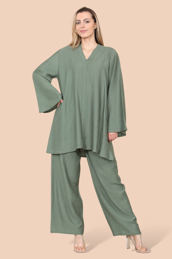 V NECK PALAZZO LINEN TOUCH 2 PIECE SET: KHAKI GREEN