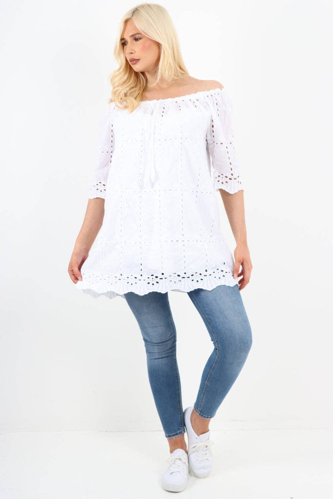 ITALIAN BARDOT WHITE COTTON HALF SLEEVE TUNIC TOP: WHITE