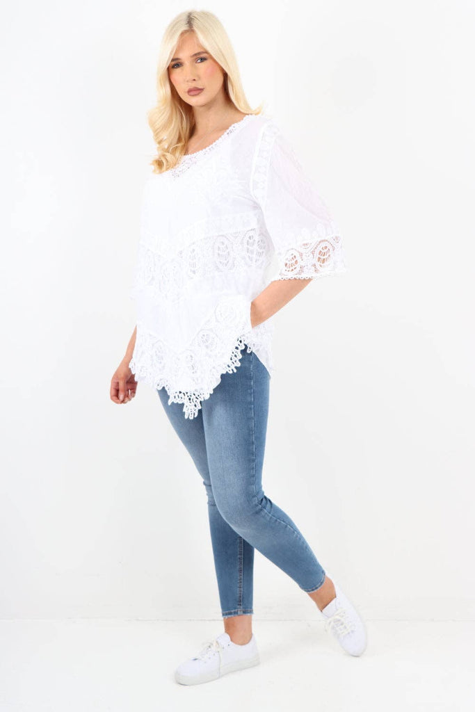 ITALIAN CROCHET LACE EMBROIDERED ASYMMETRICAL COTTON TOP: WHITE