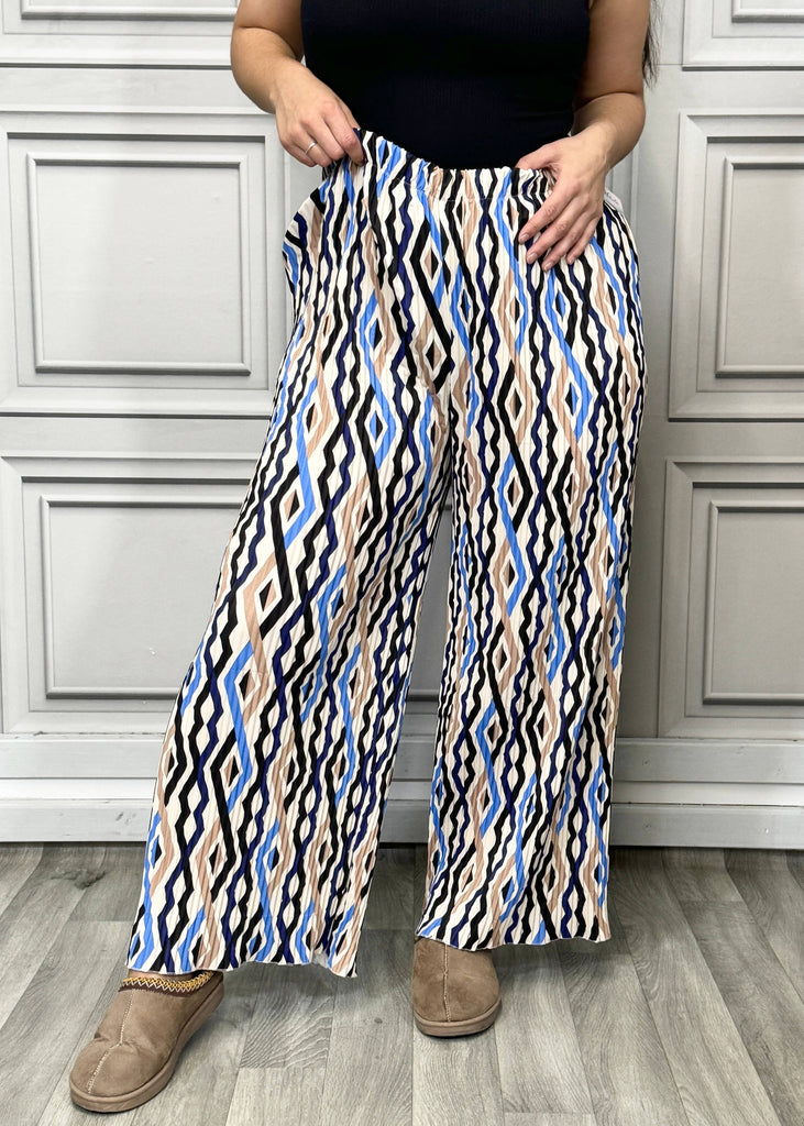 MULTI PRINT SUPER STRETCHY PLEATED PANTS : ROYAL BLUE & WHITE