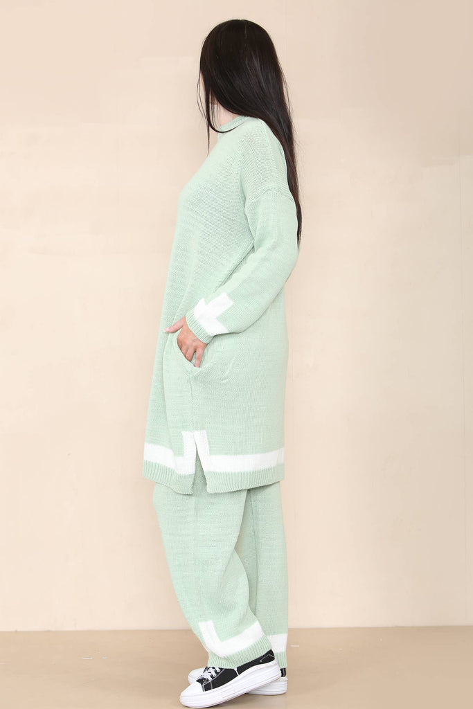 KNITTED ELONGATED TOP WITH ELONGATED WIDE LEG TROUSERS IN CO: MINT GREEN