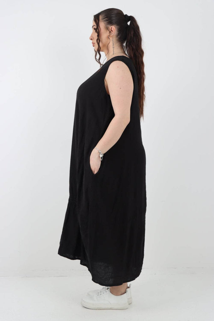 ITALIAN OVERSIZED BLEND PULL TIE COCOON SLEEVELESS DRESS: BLACK