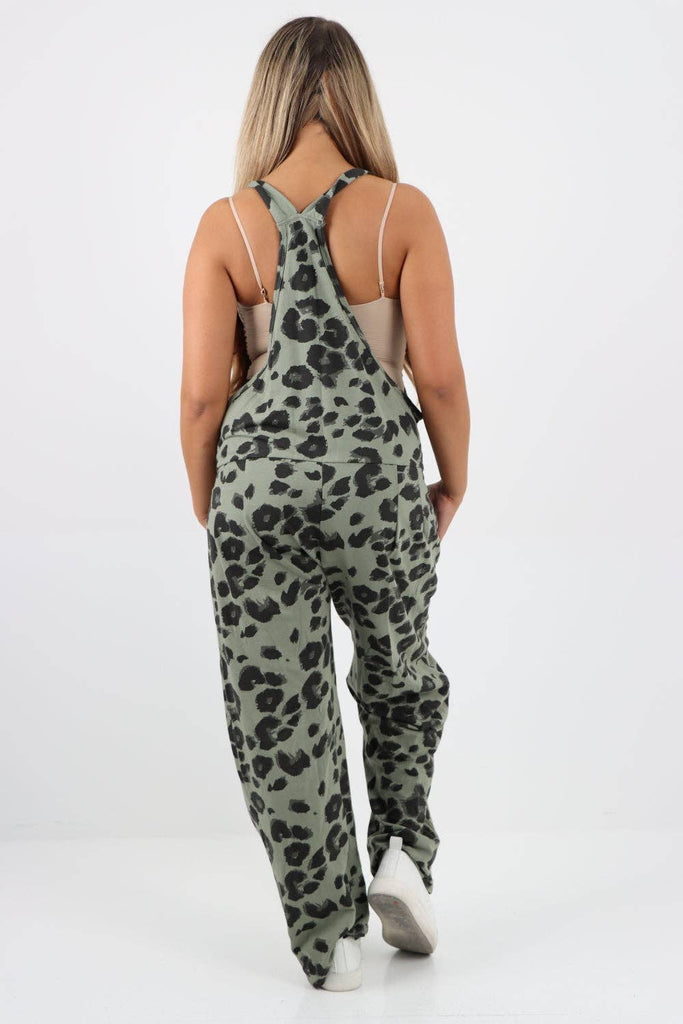 ITALIAN LEOPARD PRINT COTTON SLEEVELESS DUNGAREES: BEIGE