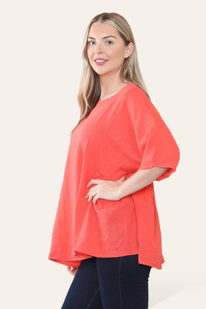 PURE COTTON PLAIN BASIC TOP WITH RUCHED SIDES: PINK