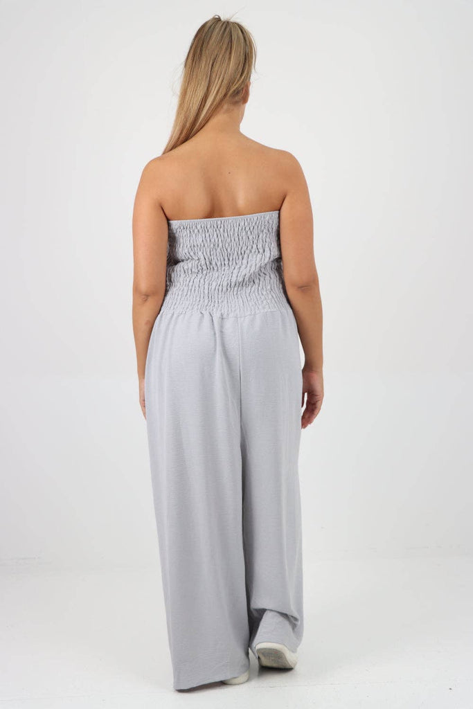 ITALIAN SHIRRED ELASTICATED WIDE LEG JUMPSUIT: BEIGE