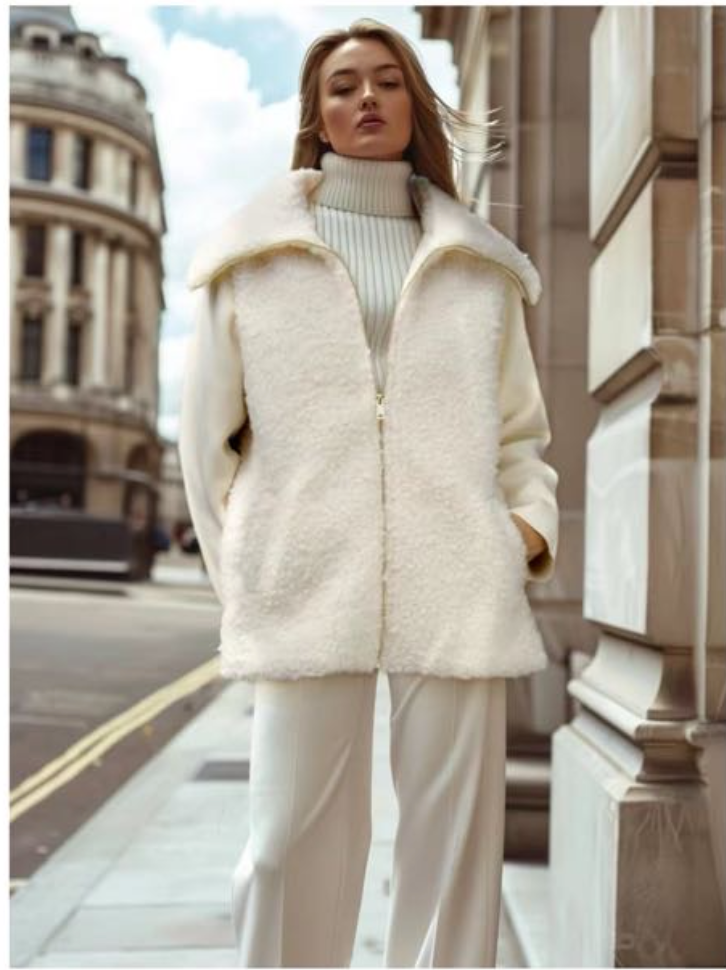 SOFT FAUX SHEEP SKIN JACKET WITH HEAVY KNIT SLEEVES: WHITE