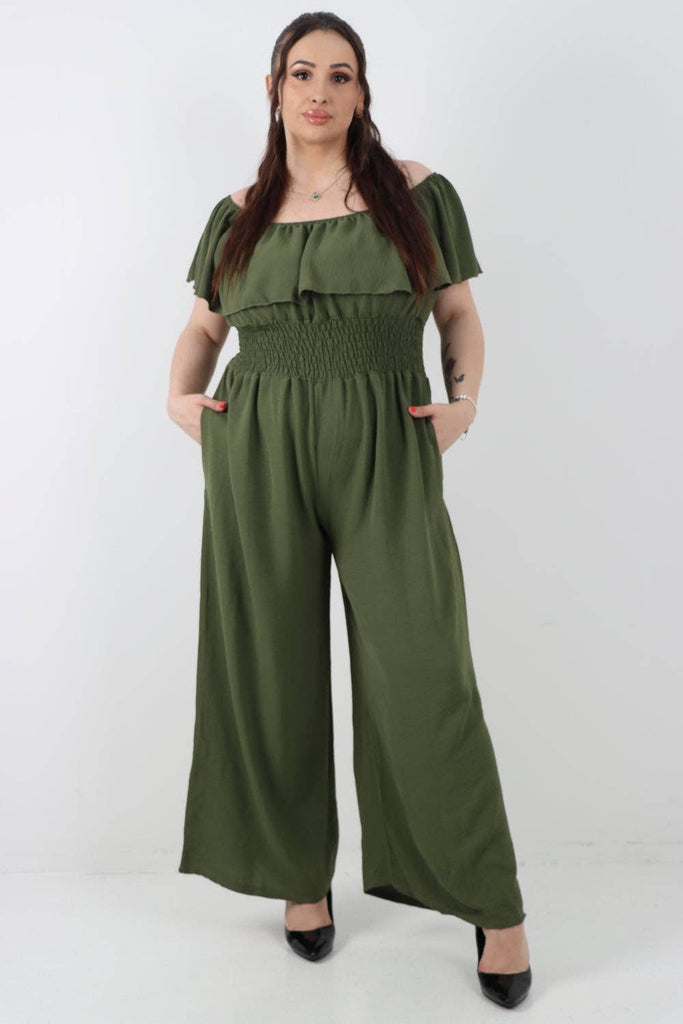 ITALIAN BARDOT OVERLAY SHIRRED ELASTICATED WAIST JUMPSUIT: BRIGHT PINK