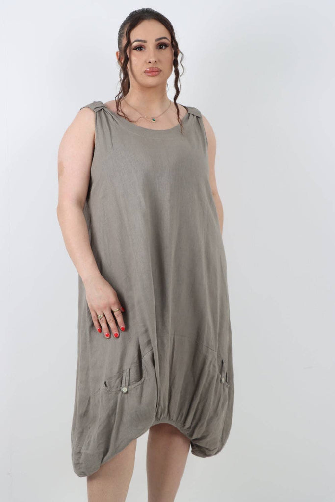 ITALIAN PLAIN BUTTON FRONT POCKETS LINEN VEST MIDI DRESS: DARK GREY