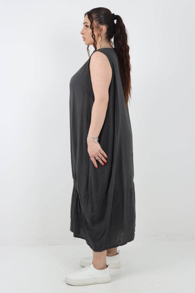 ITALIAN OVERSIZED BLEND PULL TIE COCOON SLEEVELESS DRESS: NAVY