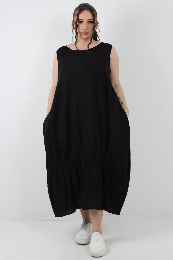 ITALIAN OVERSIZED BLEND PULL TIE COCOON SLEEVELESS DRESS: NAVY