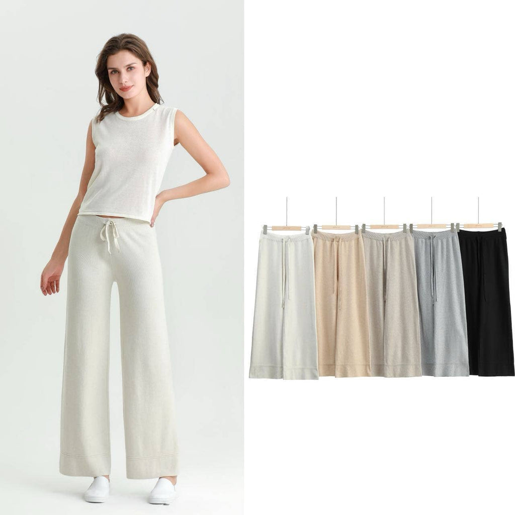 PREMIUM QUILT KNIT WIDE LEG TROUSERS WITH DRAWSTRINGS  : TAUPE