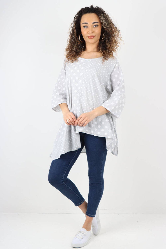 ITALIAN POLKA DOT PRINT ASYMMETRIC COTTON TUNIC TOP: GREY