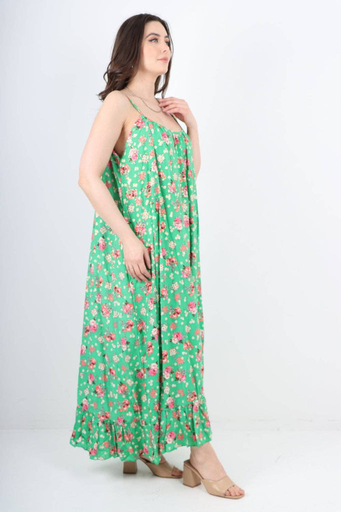 ITALIAN SMALL FLORAL PRINT  FRILL BOTTOM SLEEVELESS VEST SUN DRESS: APPLE GREEN