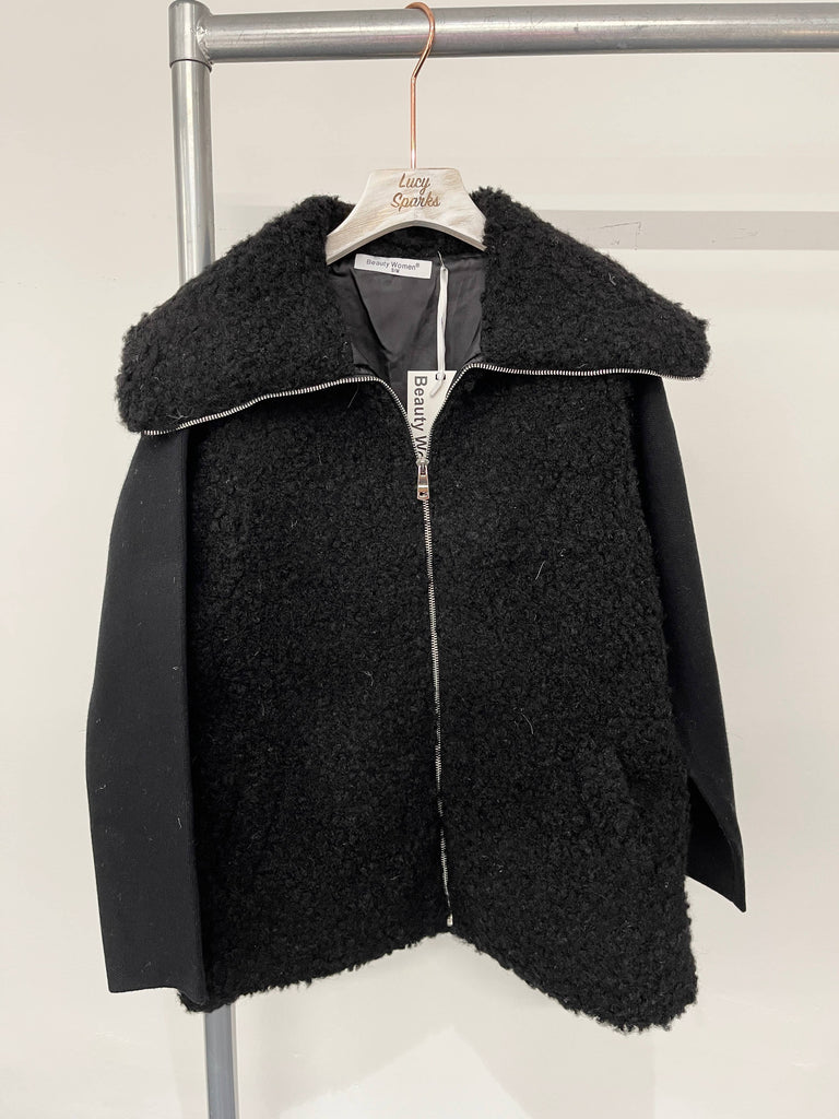 SOFT FAUX SHEEP SKIN JACKET WITH HEAVY KNIT SLEEVES: GRAY