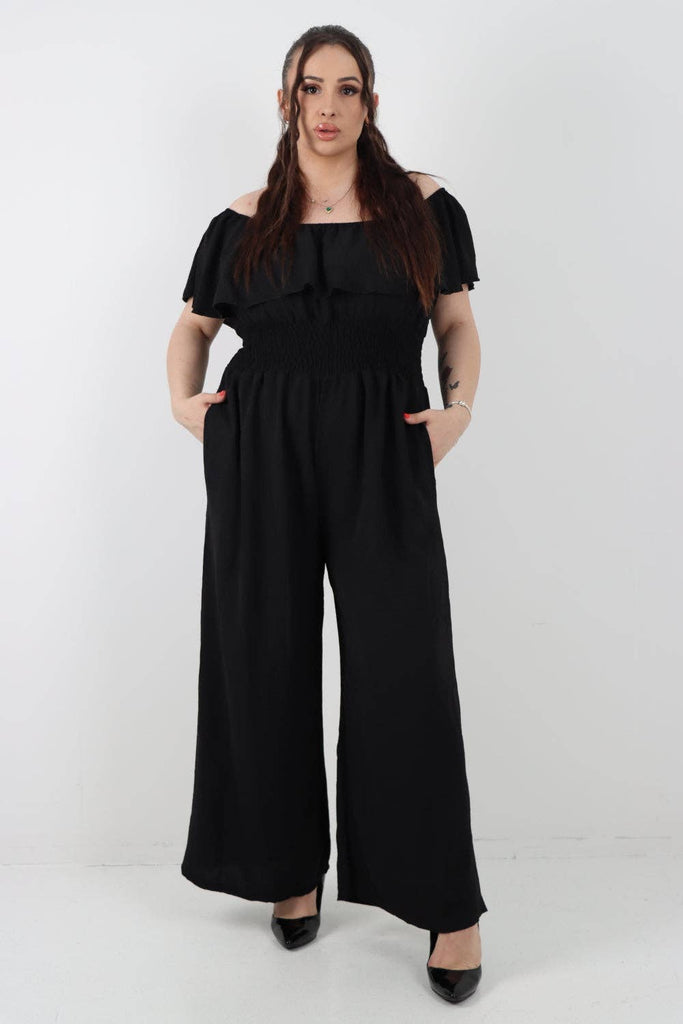 ITALIAN BARDOT OVERLAY SHIRRED ELASTICATED WAIST JUMPSUIT: SKY BLUE