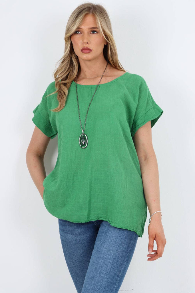 ITALIAN SHORT SLEEVE COTTON NECKLACE TOP: TURQUOISE