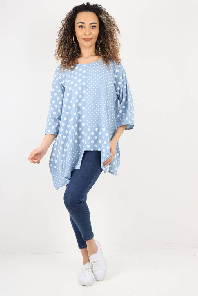 ITALIAN POLKA DOT PRINT ASYMMETRIC COTTON TUNIC TOP: GREY