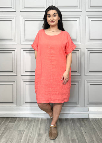 PURE LINEN KNEE LENGTH DRESS WITH EMBROIDERED SHOULDERS: CORAL