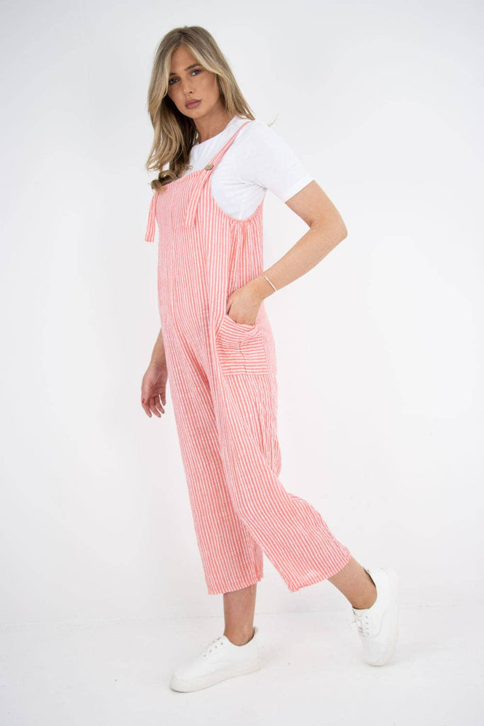 ITALIAN STRIPE PATTERN SIDE POCKETS COTTON DUNGAREES: FUCHSIA