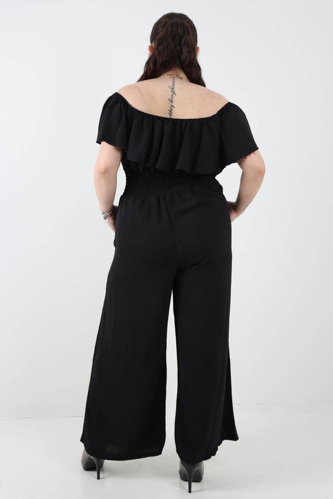 ITALIAN BARDOT OVERLAY SHIRRED ELASTICATED WAIST JUMPSUIT: SKY BLUE