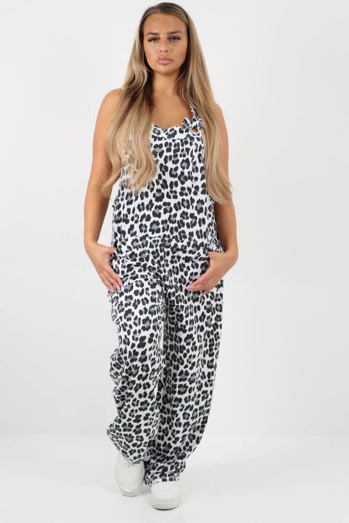 ITALIAN LEOPARD PRINT COTTON SLEEVELESS DUNGAREES: DENIM