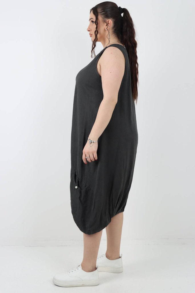 ITALIAN PLAIN BUTTON FRONT POCKETS LINEN VEST MIDI DRESS: DARK GREY