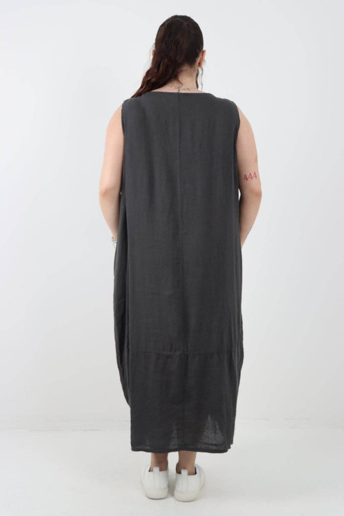 ITALIAN OVERSIZED BLEND PULL TIE COCOON SLEEVELESS DRESS: NAVY