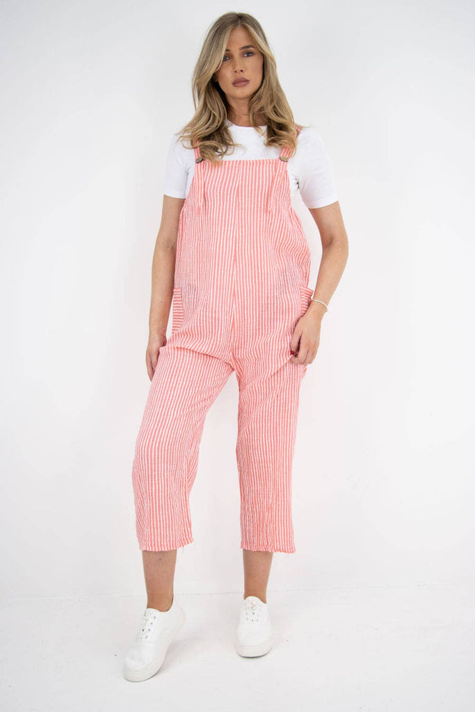 ITALIAN STRIPE PATTERN SIDE POCKETS COTTON DUNGAREES: FUCHSIA