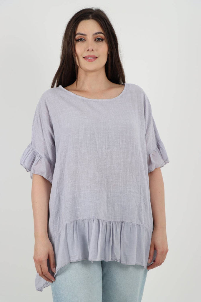 ITALIAN LAGENLOOK RUFFLE HEM COTTON TOP: DARK DENIM