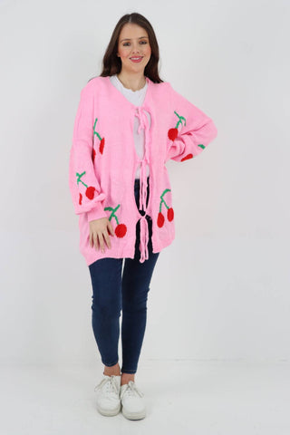 ITALIAN TRIPLE TIE FRONT CHERRY PRINT CARDIGAN: PINK