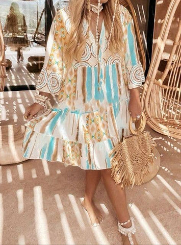 CAPPUCCINO PRINT SMOCK TUNIC DRESS