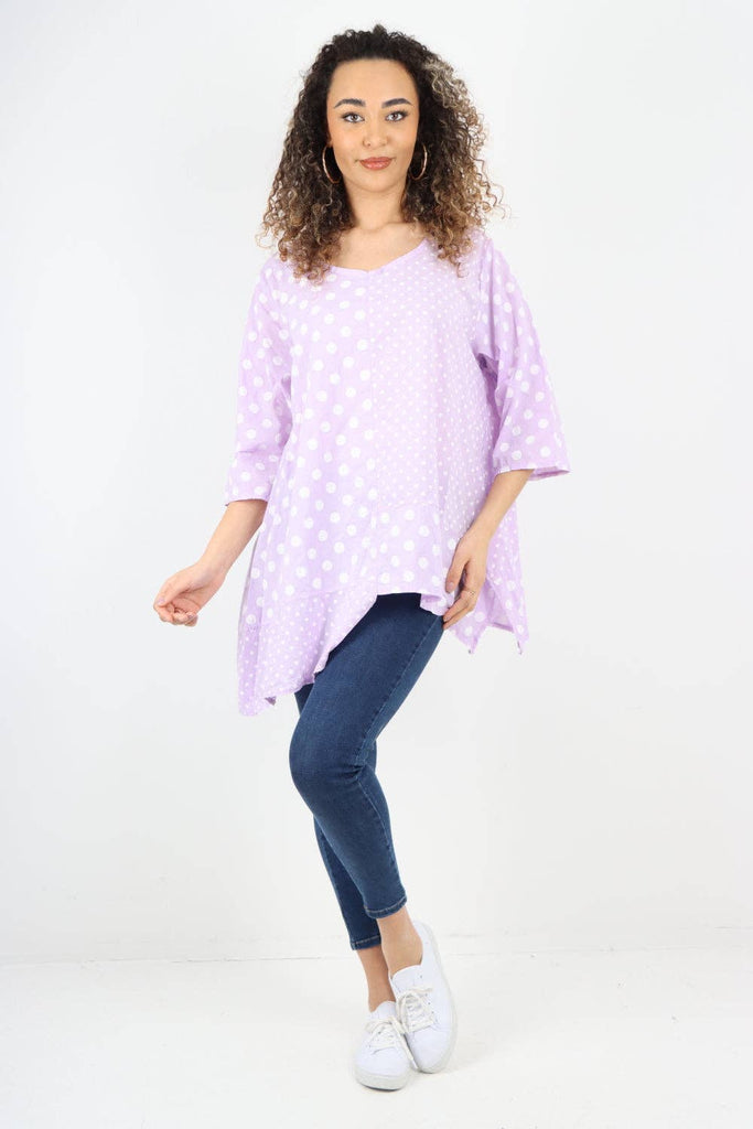 ITALIAN POLKA DOT PRINT ASYMMETRIC COTTON TUNIC TOP: GREY