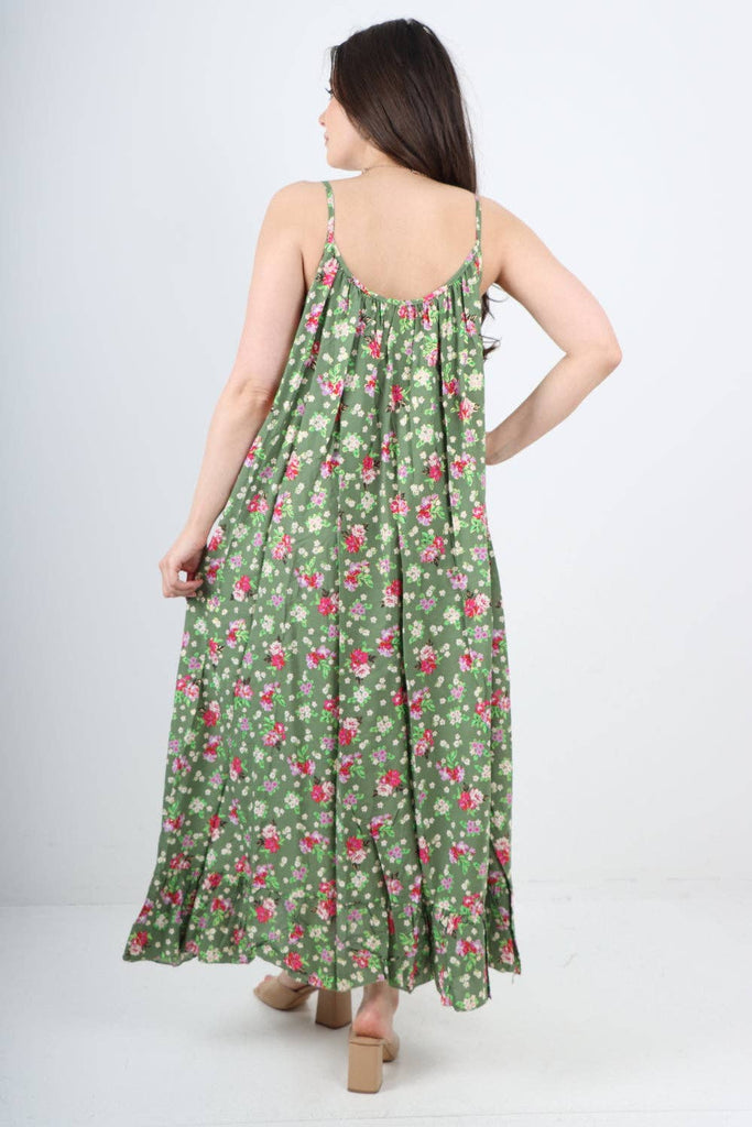 ITALIAN SMALL FLORAL PRINT  FRILL BOTTOM SLEEVELESS VEST SUN DRESS: APPLE GREEN