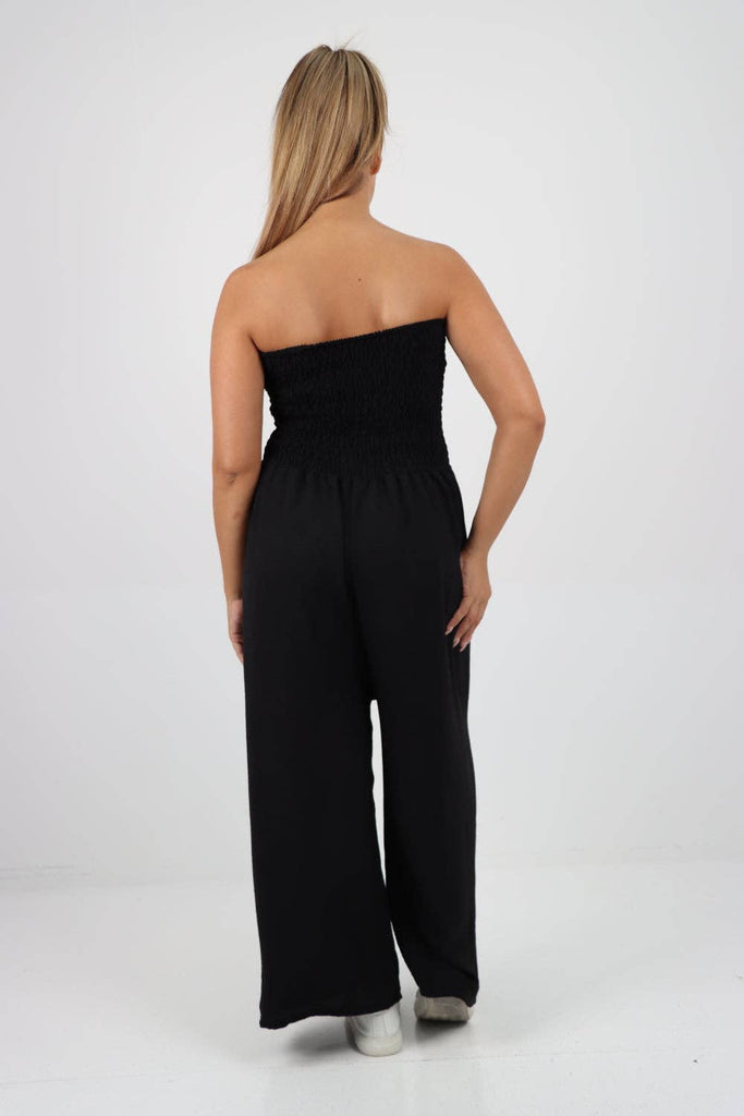 ITALIAN SHIRRED ELASTICATED WIDE LEG JUMPSUIT: BEIGE