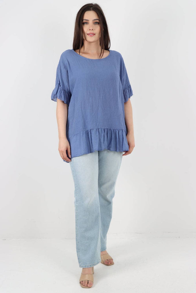 ITALIAN LAGENLOOK RUFFLE HEM COTTON TOP: DARK DENIM