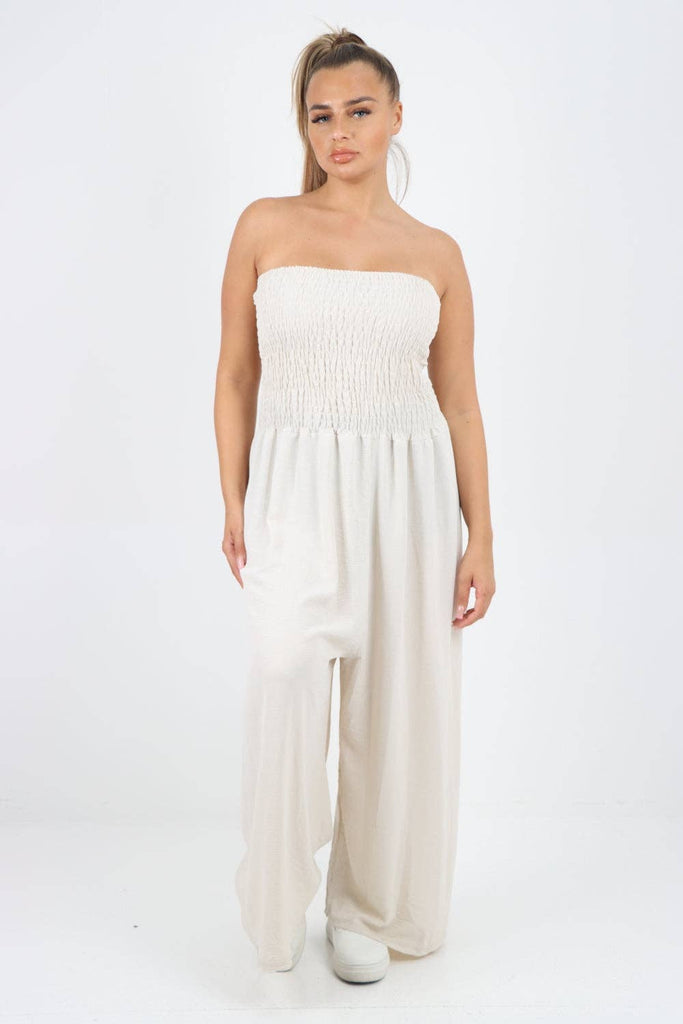 ITALIAN SHIRRED ELASTICATED WIDE LEG JUMPSUIT: BEIGE