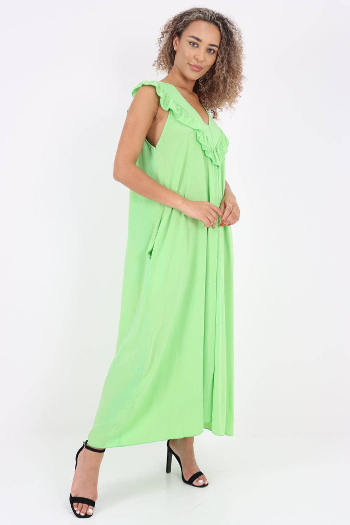 ITALIAN FRILL V NECK SIDE POCKETS MAXI DRESS: PINK / ONE SIZE TO FIT UK 8-18