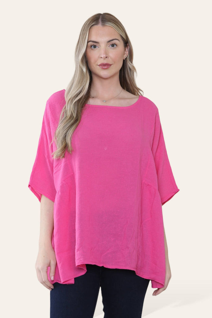 PURE COTTON PLAIN BASIC TOP WITH RUCHED SIDES: PINK